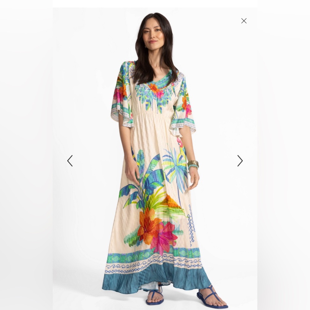Johnny Was Cream Maxi Dress with Multicolor Tropical Floral Print